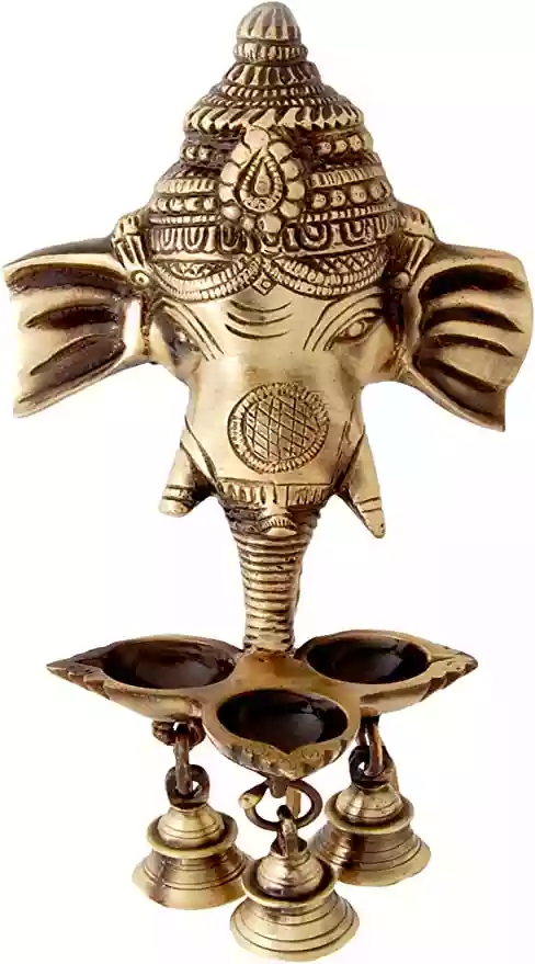 Two Moustaches Brass Ganesha Wall Hanging Diya with Bells for Home Decor, Brass Hanging Diyas Oil Lamp, Diwali Gifts